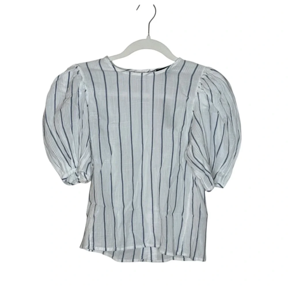 J. Crew Puff-sleeve Top In Sheer Gauze White and Blue Striped Blouse NWT XXS